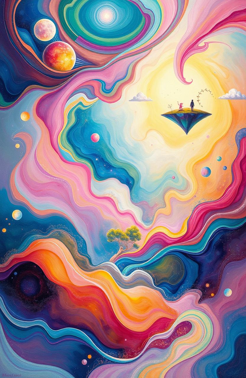 A vibrant and colorful depiction of an abstract dreamscape filled with swirling colors and ethereal shapes