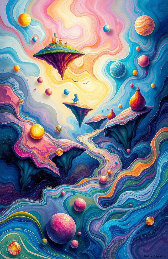 A vibrant and colorful depiction of an abstract dreamscape filled with swirling colors and ethereal shapes