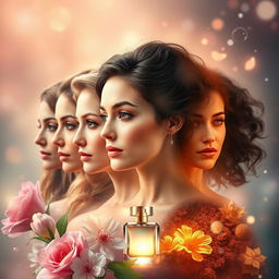 A captivating portrayal of the evolution of a woman's scent throughout her life, symbolizing the shifts in fragrance that occur with age, experiences, and emotions