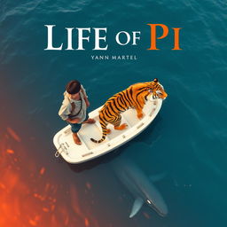 An imaginative bird's-eye view shot inspired by 'Life of Pi', depicting a strong 16-year-old boy standing on a small, white lifeboat alongside a magnificent Bengal tiger, while not looking directly at the camera