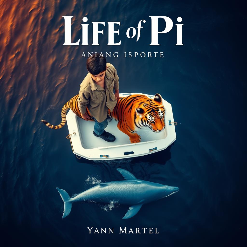 An imaginative bird's-eye view shot inspired by 'Life of Pi', depicting a strong 16-year-old boy standing on a small, white lifeboat alongside a magnificent Bengal tiger, while not looking directly at the camera