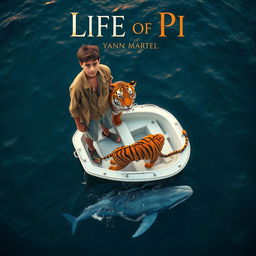 An imaginative bird's-eye view shot inspired by 'Life of Pi', depicting a strong 16-year-old boy standing on a small, white lifeboat alongside a magnificent Bengal tiger, while not looking directly at the camera
