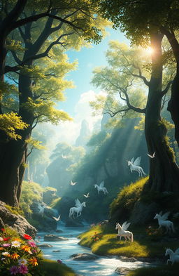 A serene landscape fantasy environment depicting an enchanted forest with towering trees, sparkling streams, and mystical creatures like fairies and unicorns softly illuminated by dappled sunlight filtering through the leaves