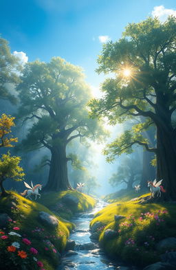 A serene landscape fantasy environment depicting an enchanted forest with towering trees, sparkling streams, and mystical creatures like fairies and unicorns softly illuminated by dappled sunlight filtering through the leaves