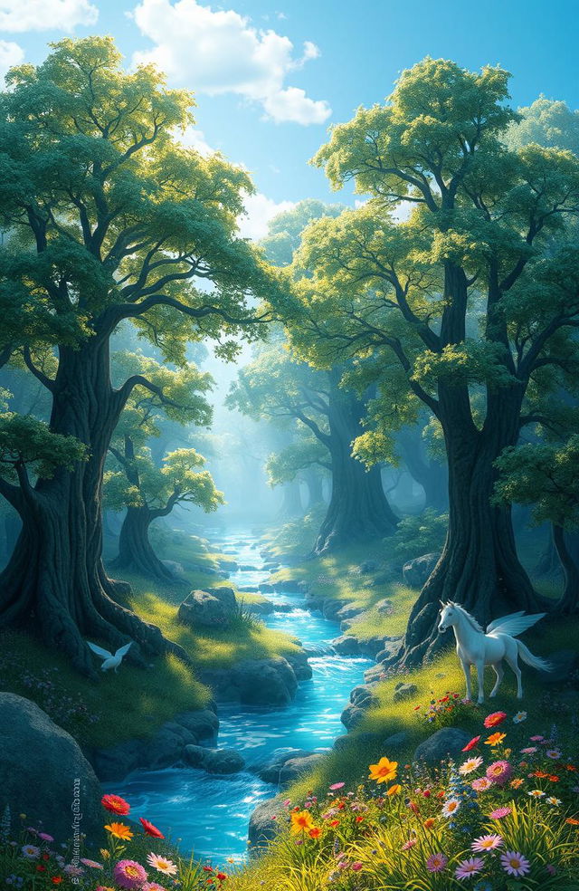 A serene landscape fantasy environment depicting an enchanted forest with towering trees, sparkling streams, and mystical creatures like fairies and unicorns softly illuminated by dappled sunlight filtering through the leaves