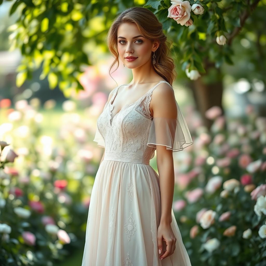 A beautiful woman wearing a classic dress, standing gracefully in a picturesque garden filled with blooming flowers