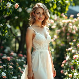 A beautiful woman wearing a classic dress, standing gracefully in a picturesque garden filled with blooming flowers