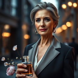 A sophisticated depiction of a 40-year-old elegant woman exuding a captivating and refined scent