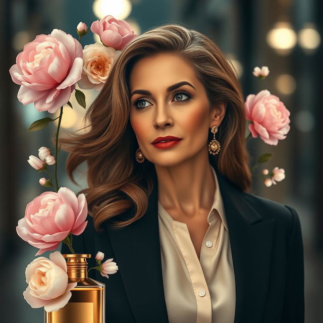 A sophisticated depiction of a 40-year-old elegant woman exuding a captivating and refined scent