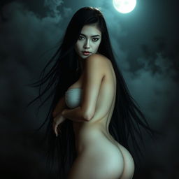 A sexy Thai ghost woman with long hair and a pale face, exuding an alluring and seductive gaze