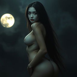 A sexy Thai ghost woman with long hair and a pale face, exuding an alluring and seductive gaze