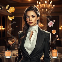 An elegant depiction of a sophisticated 30-year-old woman exuding a mesmerizing scent that reflects her confidence and refinement