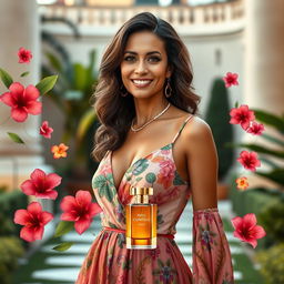 An elegant portrayal of a 40-year-old Brazilian woman exuding a sophisticated and captivating scent that embodies her cultural richness