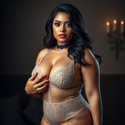 A stunningly beautiful curvy woman elegantly posed in exquisite lingerie that accentuates her voluptuous figure