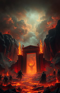 A dark and ominous scene depicting Hell, with fiery landscapes, tortured souls, and demonic figures