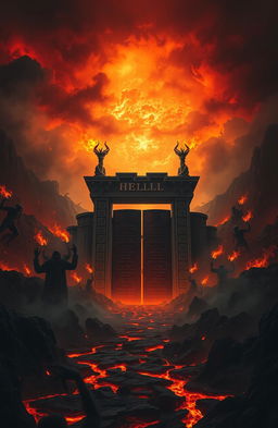 A dark and ominous scene depicting Hell, with fiery landscapes, tortured souls, and demonic figures