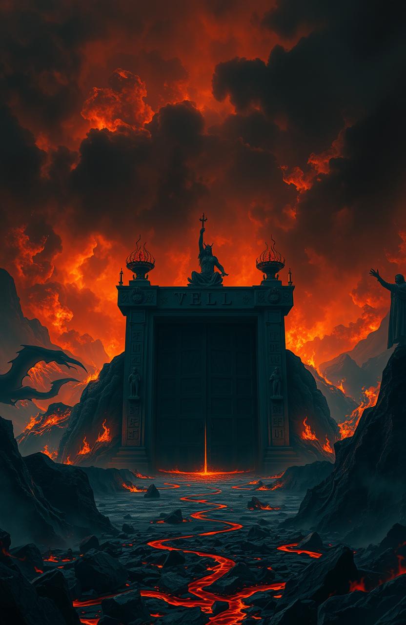 A dark and ominous scene depicting Hell, with fiery landscapes, tortured souls, and demonic figures