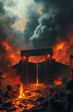 A dark and ominous scene depicting Hell, with fiery landscapes, tortured souls, and demonic figures