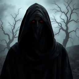 A mysterious figure shrouded in shadow, with piercing eyes that radiate an otherworldly glow, suggesting deceit and intrigue