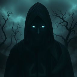 A mysterious figure shrouded in shadow, with piercing eyes that radiate an otherworldly glow, suggesting deceit and intrigue