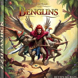 A fantastical book cover featuring a group of diverse humanoid figures with majestic bird wings
