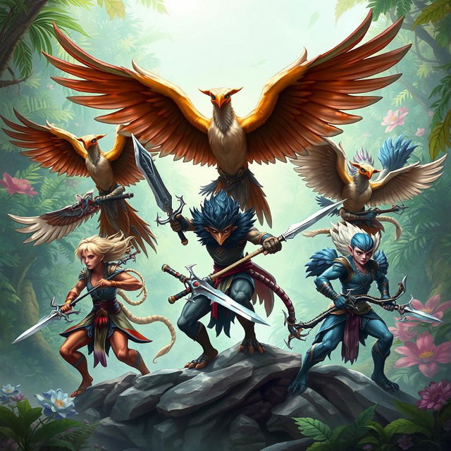 A fantastical book cover featuring a group of diverse humanoid figures with majestic bird wings