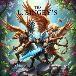 A fantastical book cover featuring a group of diverse humanoid figures with majestic bird wings