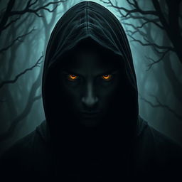 A mysterious figure in deep shadows, with intense and penetrating eyes that shine with an alluring deceit, capturing the viewer’s attention