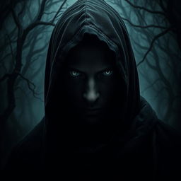 A mysterious figure in deep shadows, with intense and penetrating eyes that shine with an alluring deceit, capturing the viewer’s attention