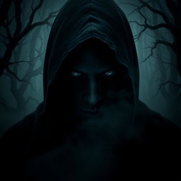 A mysterious figure in deep shadows, with intense and penetrating eyes that shine with an alluring deceit, capturing the viewer’s attention