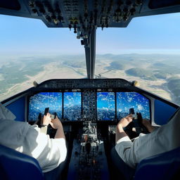 A digital avatar of a user flying an airplane, focusing on the cockpit with plethora of controls, against the backdrop of a bright blue sky.