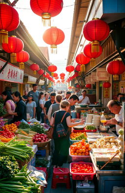 A vibrant Chinese food market scene bustling with activity