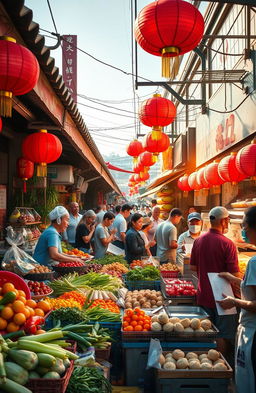 A vibrant Chinese food market scene bustling with activity