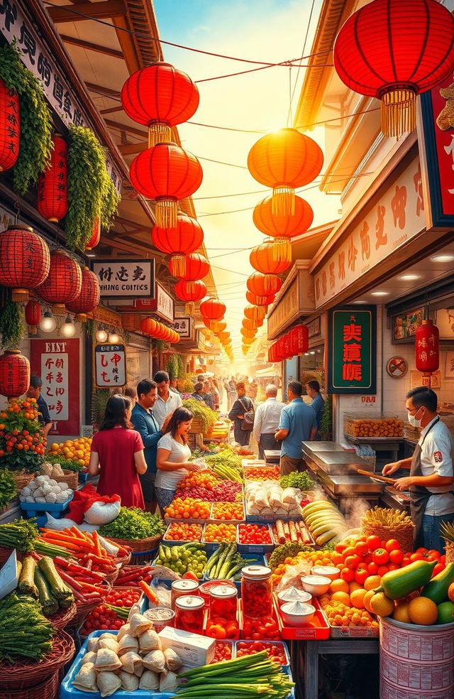 A vibrant Chinese food market scene bustling with activity