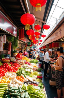A vibrant Chinese food market scene bustling with activity