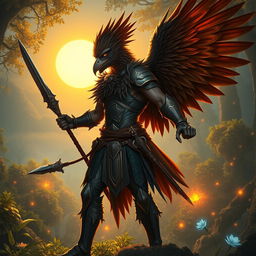 A human warrior with majestic bird wings, showcasing intricate feather details, wielding a pair of ornate weapons – a sword and a staff