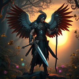 A human warrior with majestic bird wings, showcasing intricate feather details, wielding a pair of ornate weapons – a sword and a staff