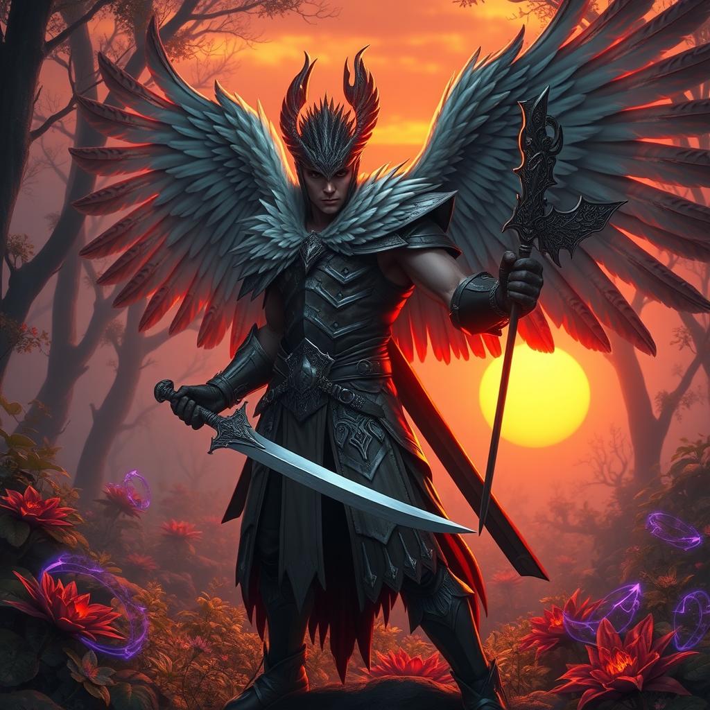 A human warrior with majestic bird wings, showcasing intricate feather details, wielding a pair of ornate weapons – a sword and a staff