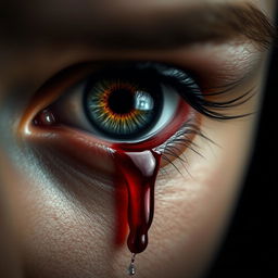 A striking close-up of an eye with a single tear of blood cascading down the cheek, showcasing deep emotions and a haunting beauty