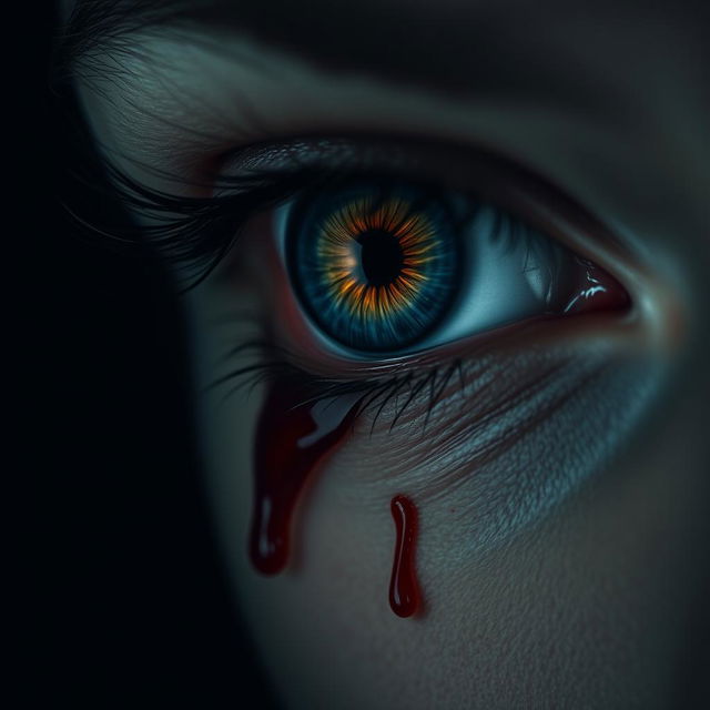 A striking close-up of an eye with a single tear of blood cascading down the cheek, showcasing deep emotions and a haunting beauty