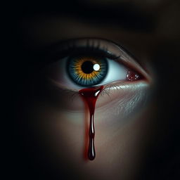 A striking close-up of an eye with a single tear of blood cascading down the cheek, showcasing deep emotions and a haunting beauty