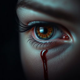 A striking close-up of an eye with a single tear of blood cascading down the cheek, showcasing deep emotions and a haunting beauty