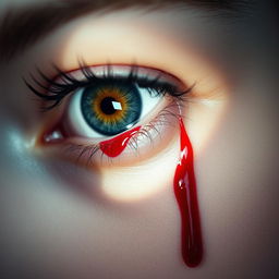 A close-up of a striking eye adorned with a single tear of blood slowly trickling down the cheek, epitomizing deep sorrow and emotional intensity