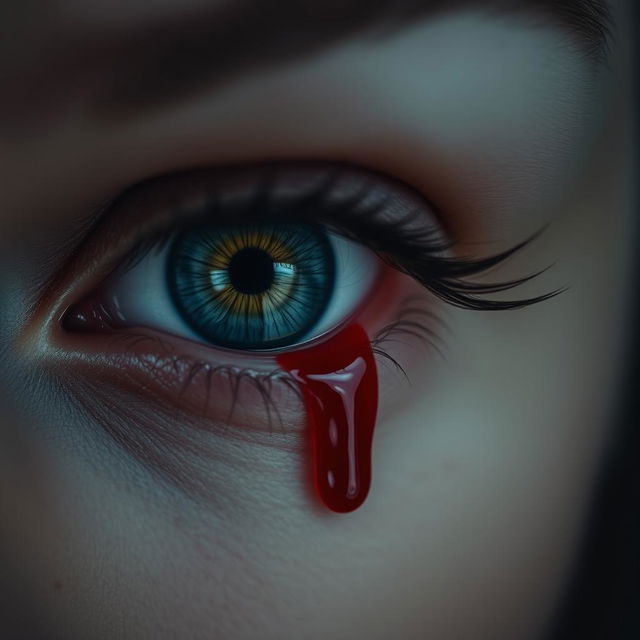 A close-up of a striking eye adorned with a single tear of blood slowly trickling down the cheek, epitomizing deep sorrow and emotional intensity