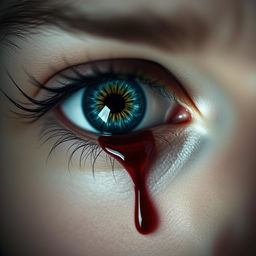 A close-up of a striking eye adorned with a single tear of blood slowly trickling down the cheek, epitomizing deep sorrow and emotional intensity