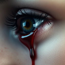 A close-up of a striking eye adorned with a single tear of blood slowly trickling down the cheek, epitomizing deep sorrow and emotional intensity