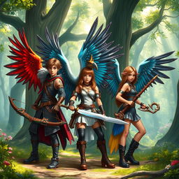 A group of teenage warriors with majestic, intricate bird wings, wielding unique weapons