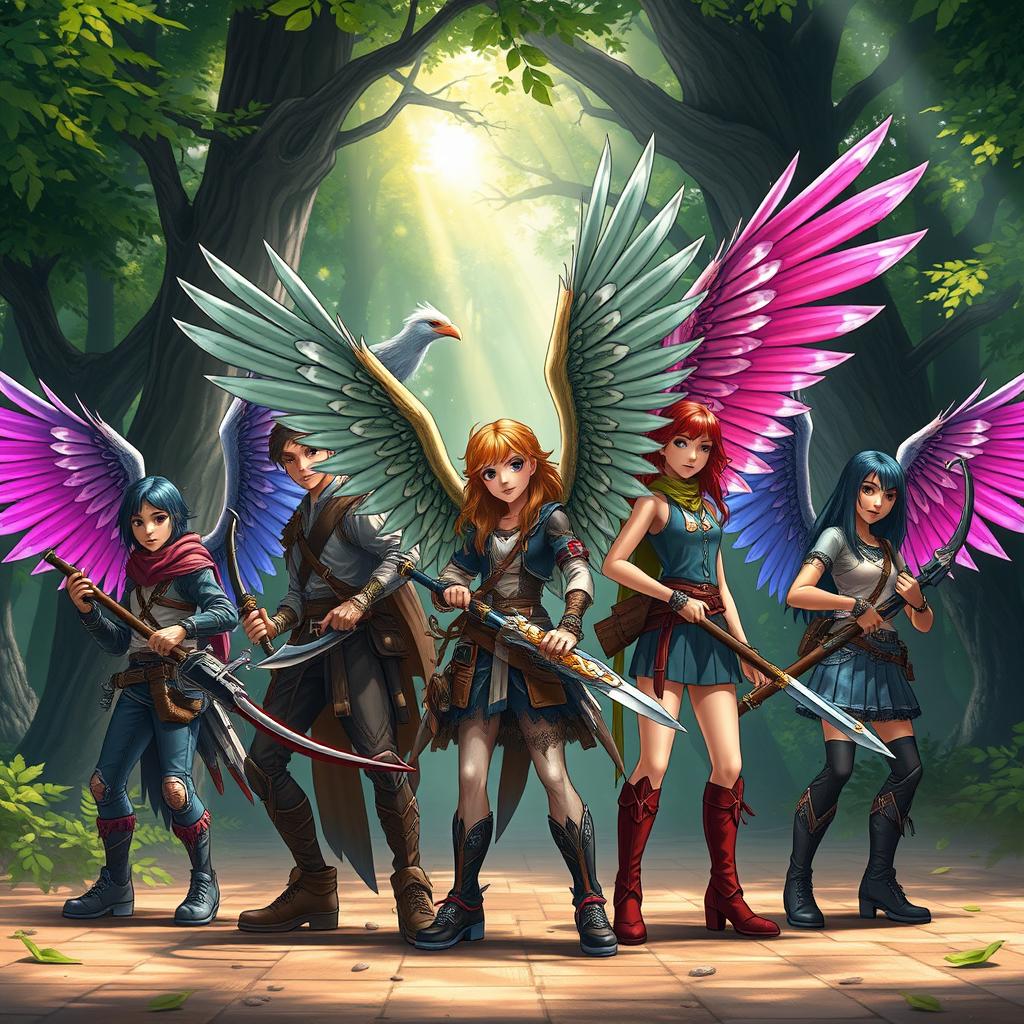 A group of teenage warriors with majestic, intricate bird wings, wielding unique weapons