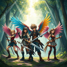 A group of teenage warriors with majestic, intricate bird wings, wielding unique weapons
