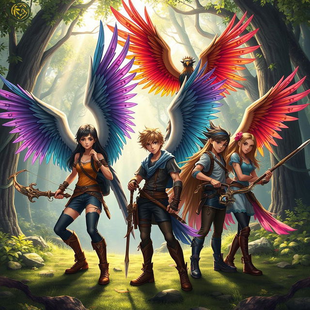 A group of teenage warriors with majestic, intricate bird wings, wielding unique weapons